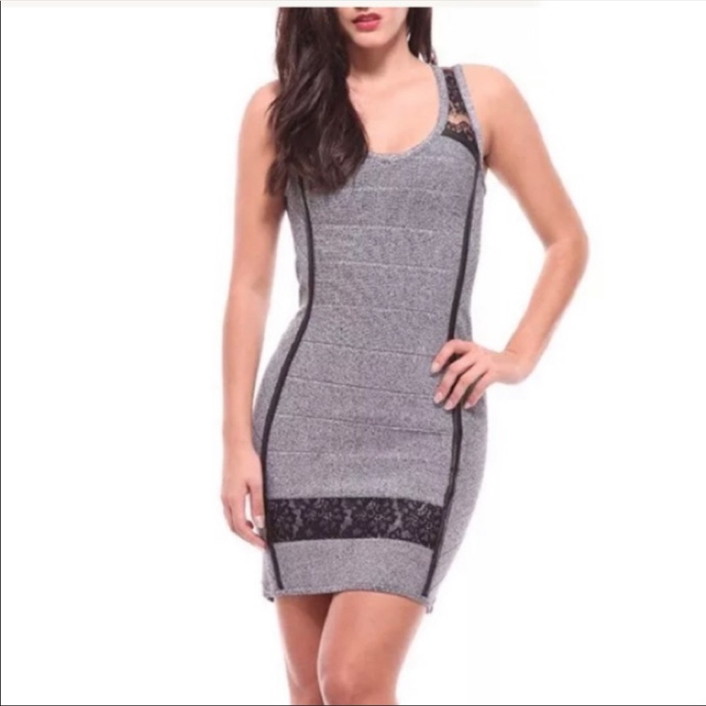 STRETTA GREY BLACK LEATHER BANDAGE BODYCON